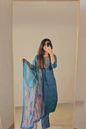 Women's Rayon Blend Embroidered Straight Kurta with Pant & Dupatta