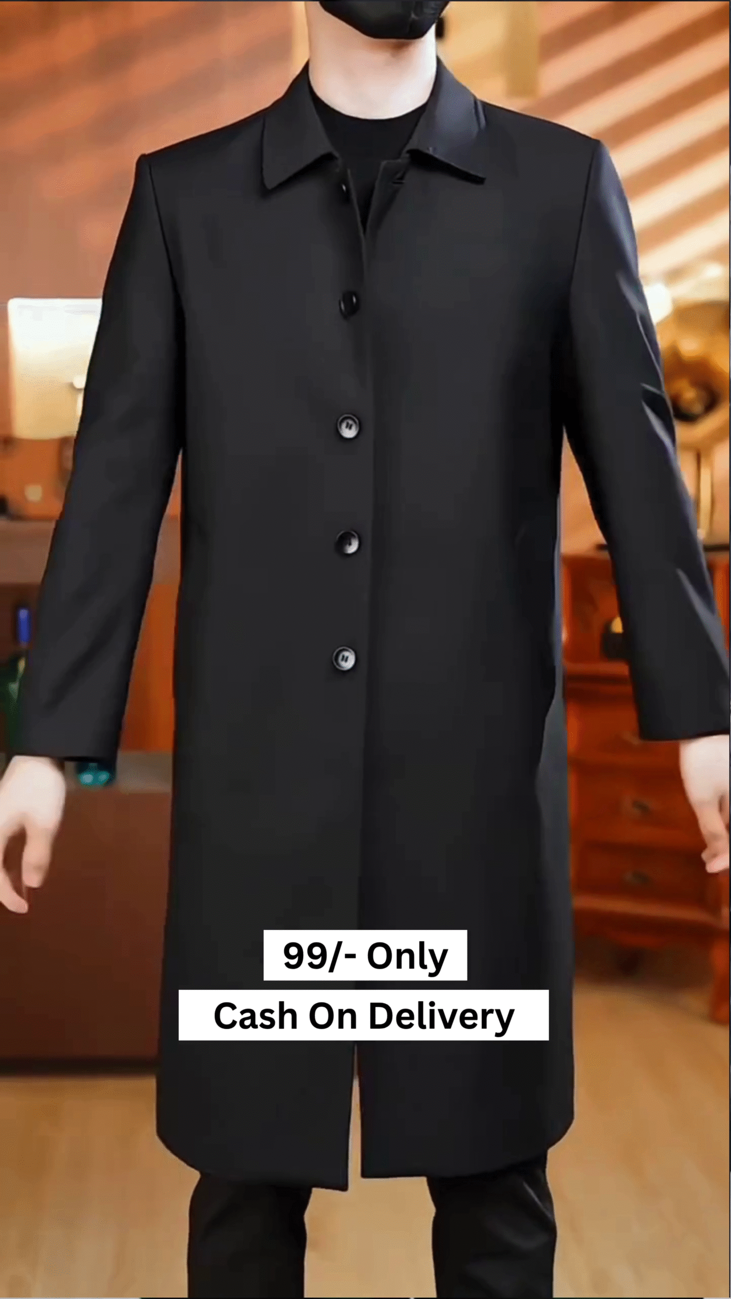 Men's Casual Trench Coat Slim Fit Notched Collar Long Jacket Overcoat Single Breasted Pea Coat wih Pockets - Image 7